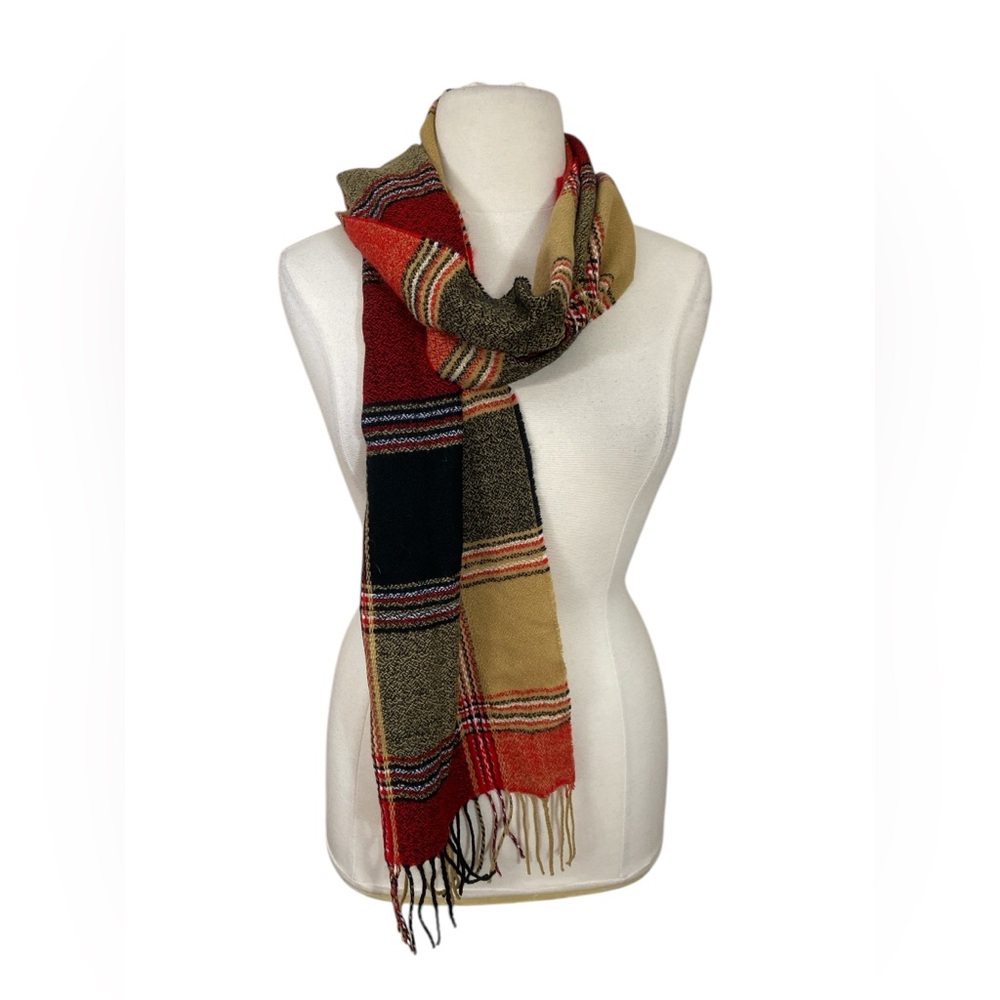 Unisex Red Tan Blk Cashmere Fringe Scarf